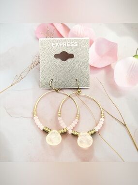 💕EXPRESS💕Gold-Tone Hoop Earrings with Pink Beads & Rose Quartz Drops/NWT